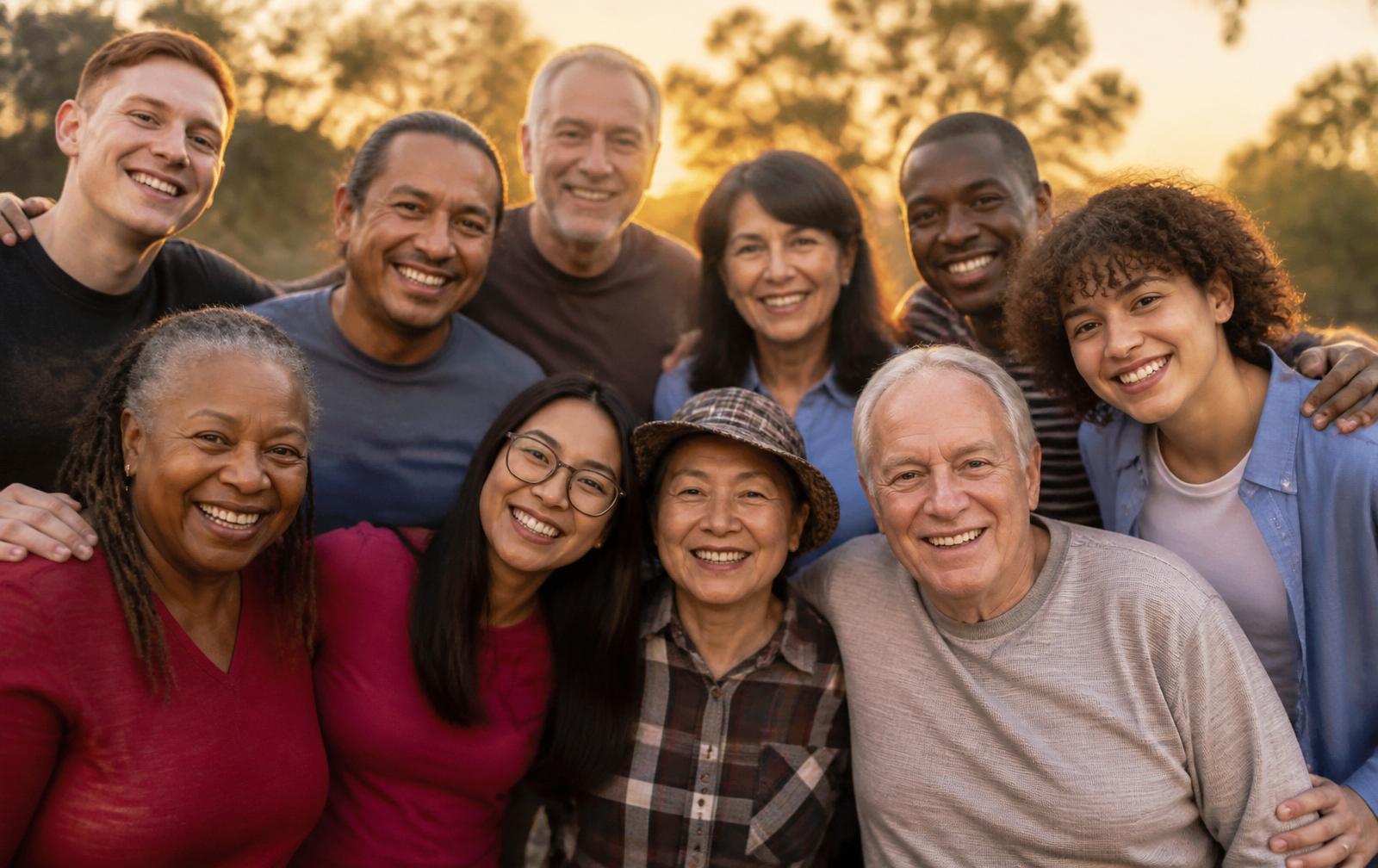 Diverse community members embracing at golden hour